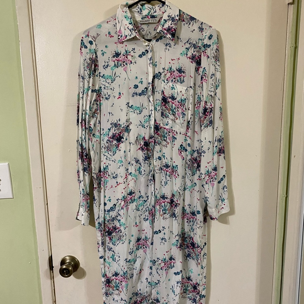 Zara White Button Down Midi Dress With Flowers